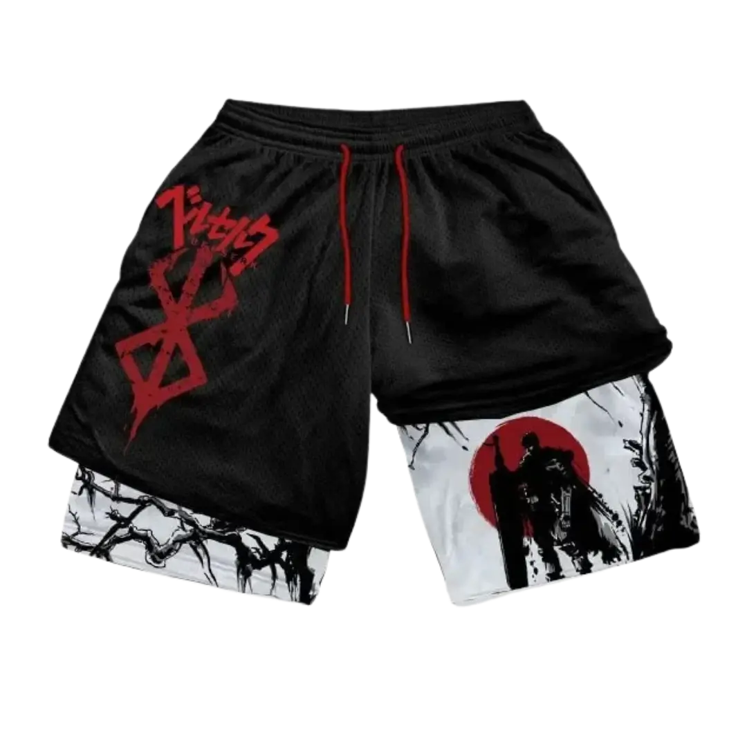 Black shorts with red graphic on one side and white side with black and red design on the other, on a white background.