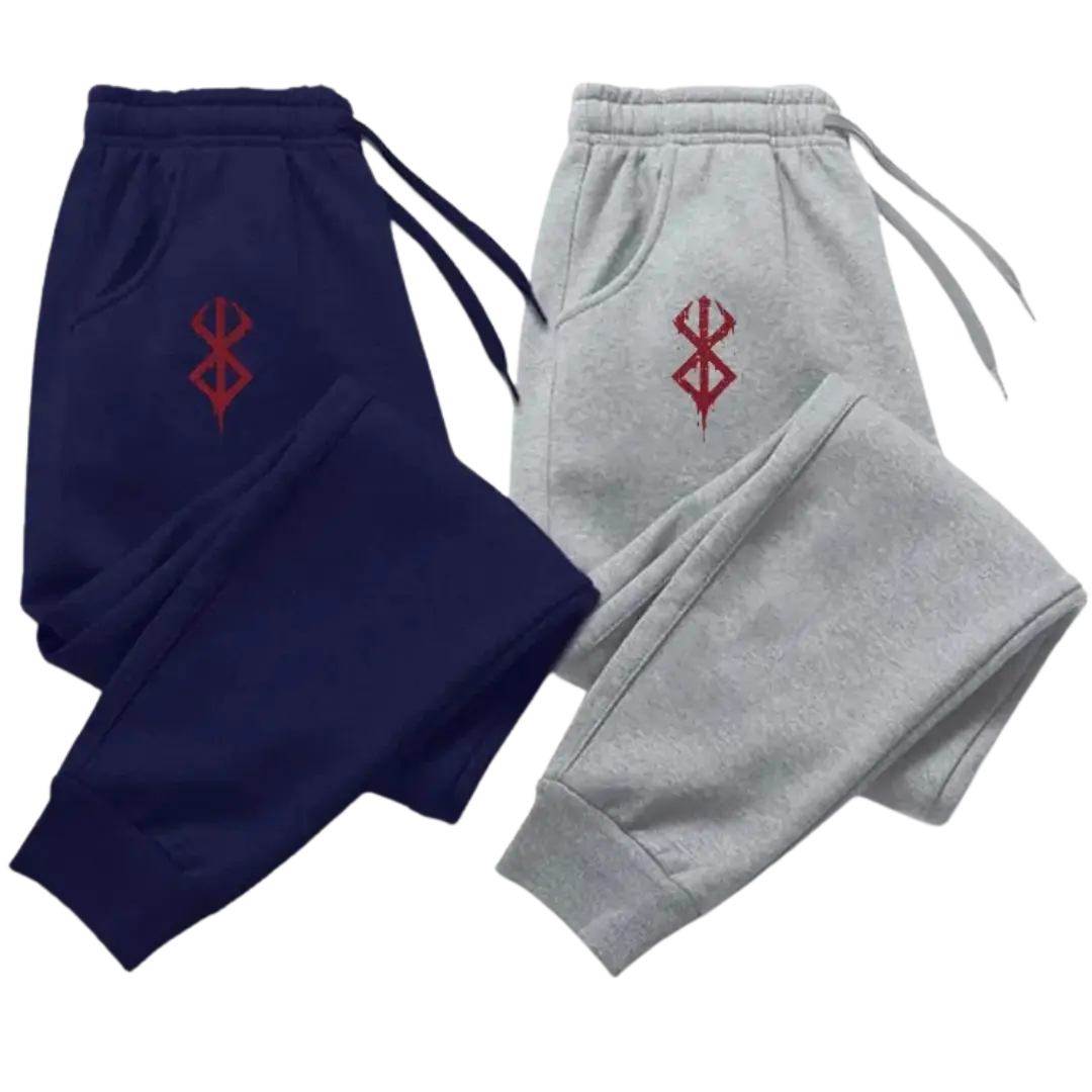 Close up of blue and white sweatpants with Brand of Sacrifice logo