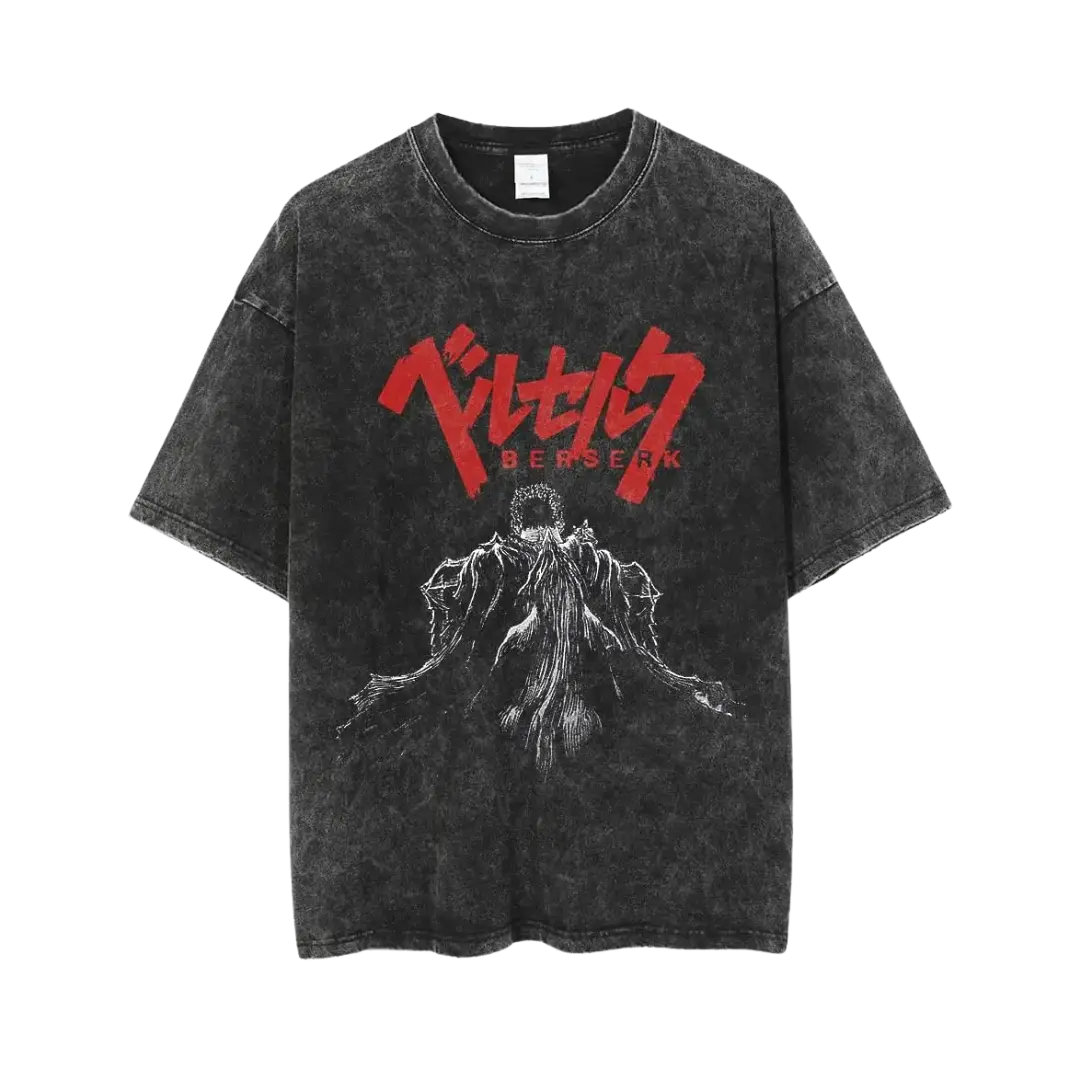 A person wearing a black Berserk t-shirt with a graphic design.