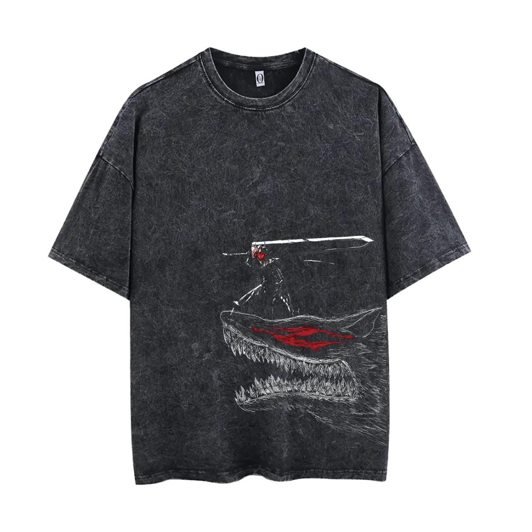 A person wearing a black Berserk t-shirt with a graphic design.