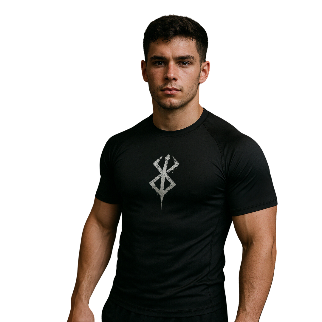 Man wearing a black compression shirt with a Brand of Sacrifice logo on a white background