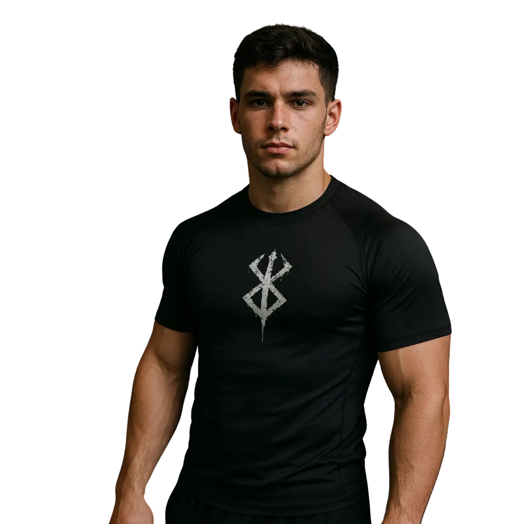 Man wearing a black compression shirt with a Brand of Sacrifice logo on a white background