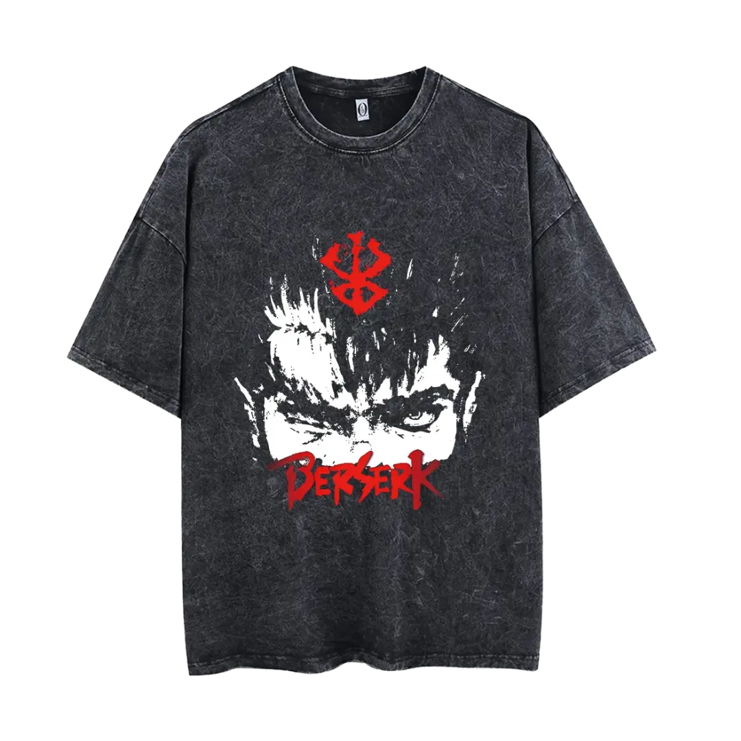 A person wearing a black Berserk t-shirt with a graphic design.