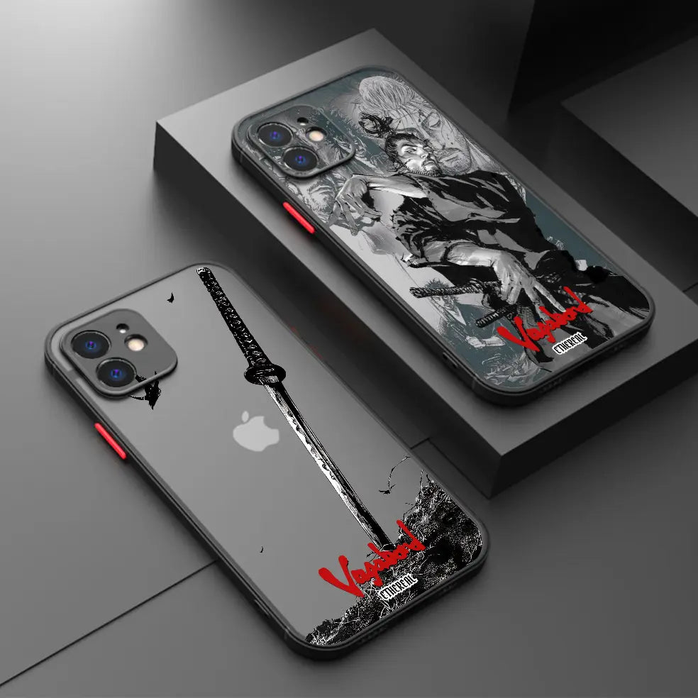 Two slim fit phone cases with Vagabond-inspired designs, featuring a black and white artistic depiction of a samurai.