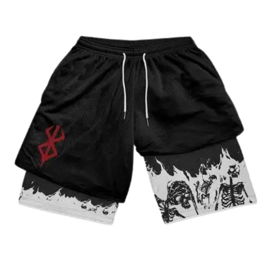 Black shorts with red logo and white and black pattern on a white background