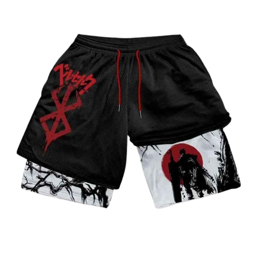 Black shorts with red graphic on one side and white side with black and red design on the other, on a white background.