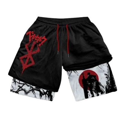 Black shorts with red graphic on one side and white side with black and red design on the other, on a white background.