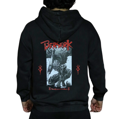 Black hoodie with 'Berserk' graphic design on the back, worn by a person.