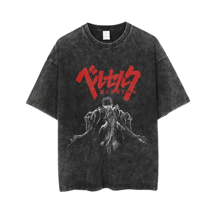 A person wearing a black Berserk t-shirt with a graphic design.