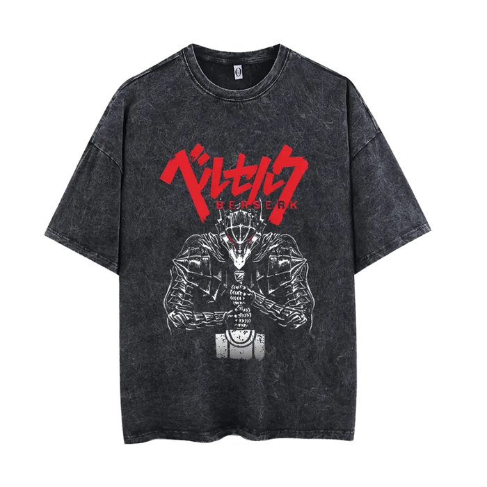 A person wearing a black Berserk t-shirt with a graphic design.