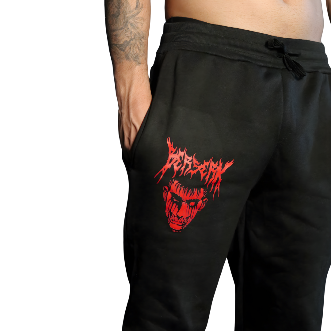 Close-up of Berserk jogger waistband and thigh embroidery.