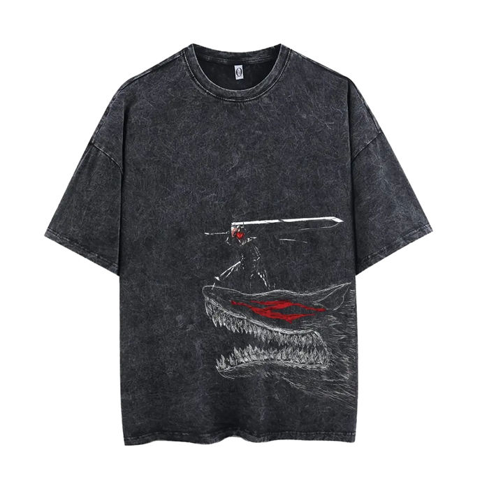 A person wearing a black Berserk t-shirt with a graphic design.