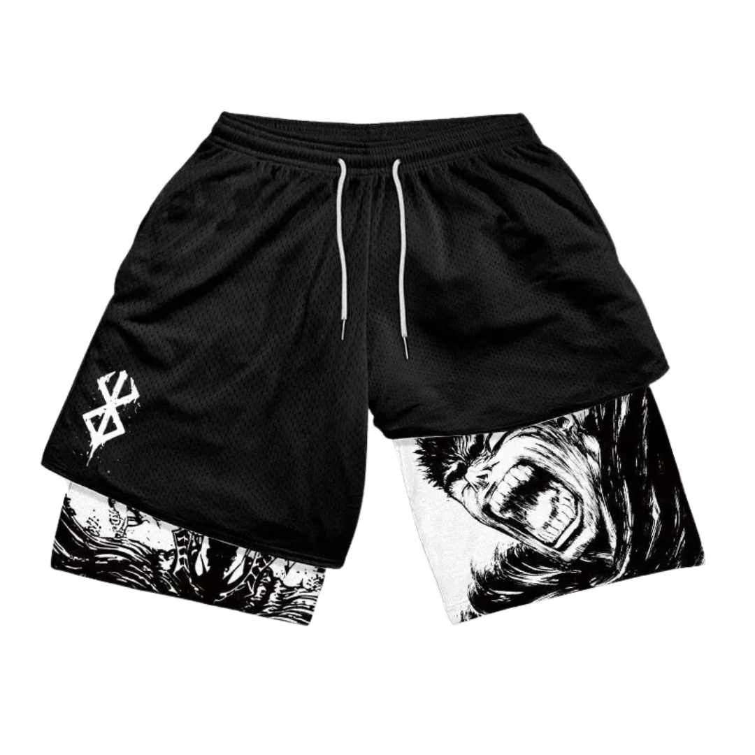 Black shorts with white graphic design on a white background