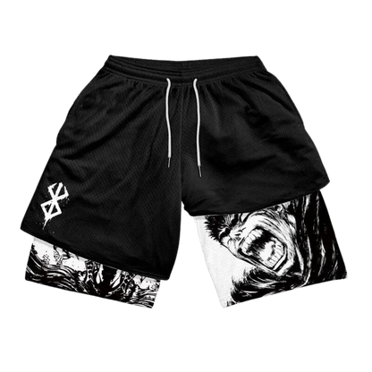 Black shorts with white graphic design on a white background