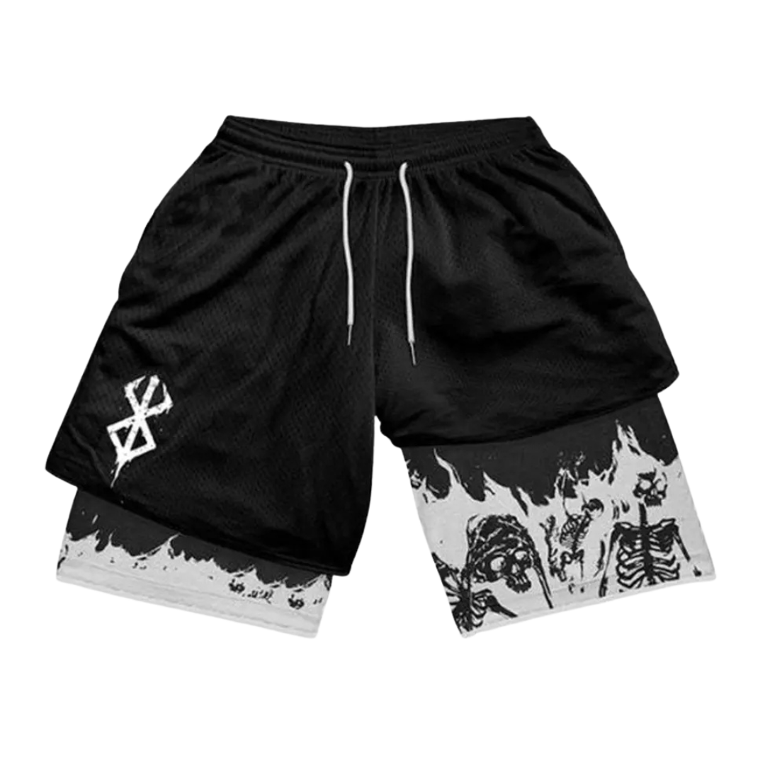 Black shorts with white logo on a white background