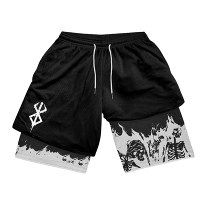 Black shorts with white logo on a white background