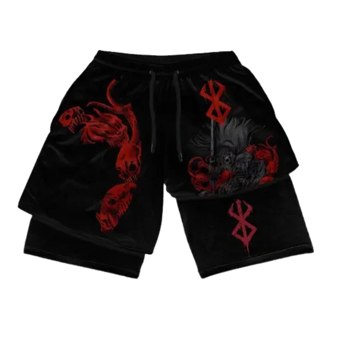 Black shorts with red and gray designs on a white background
