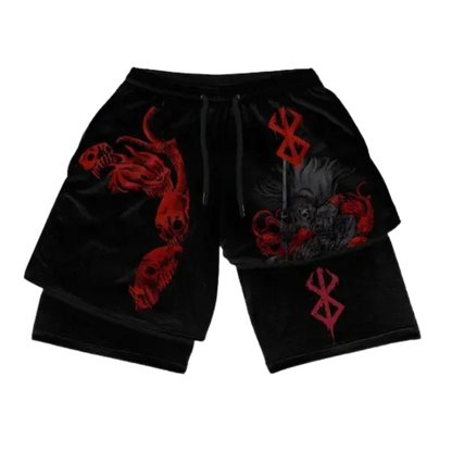 Black shorts with red and gray designs on a white background