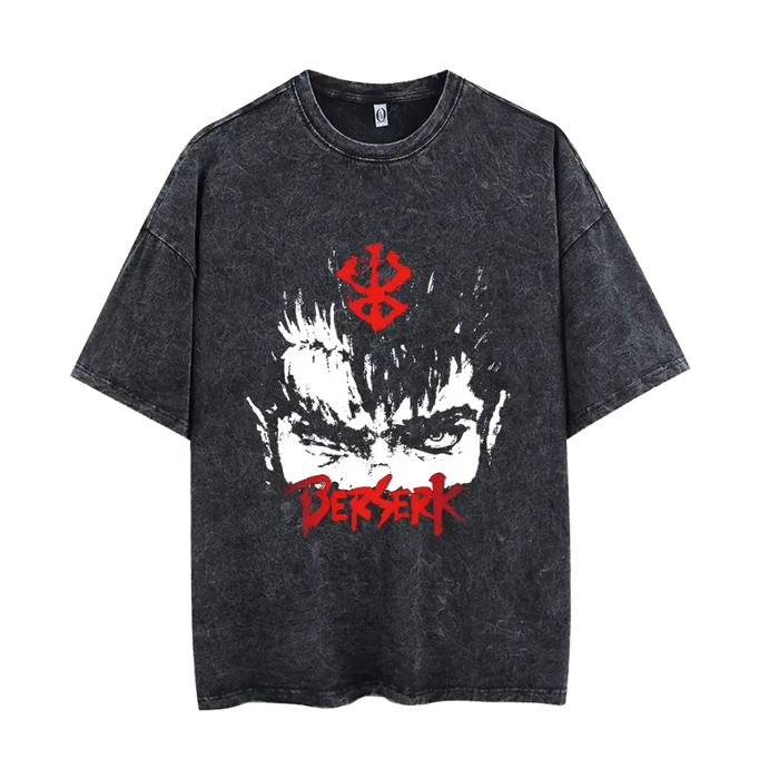 A person wearing a black Berserk t-shirt with a graphic design.