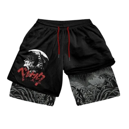 Black shorts with red text and gray pattern on a white background