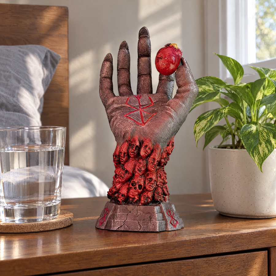 God Hand ornament on a bedside table