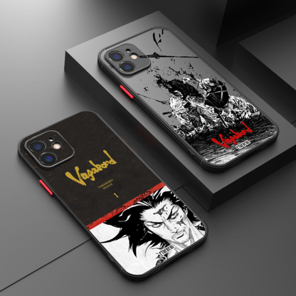 Two Ethereal Vagabond phone cases with black and white samurai artwork